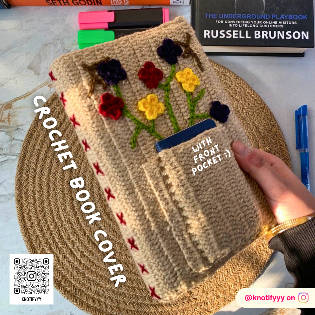 Crochet Book Cover with Flowers & Front Pocket