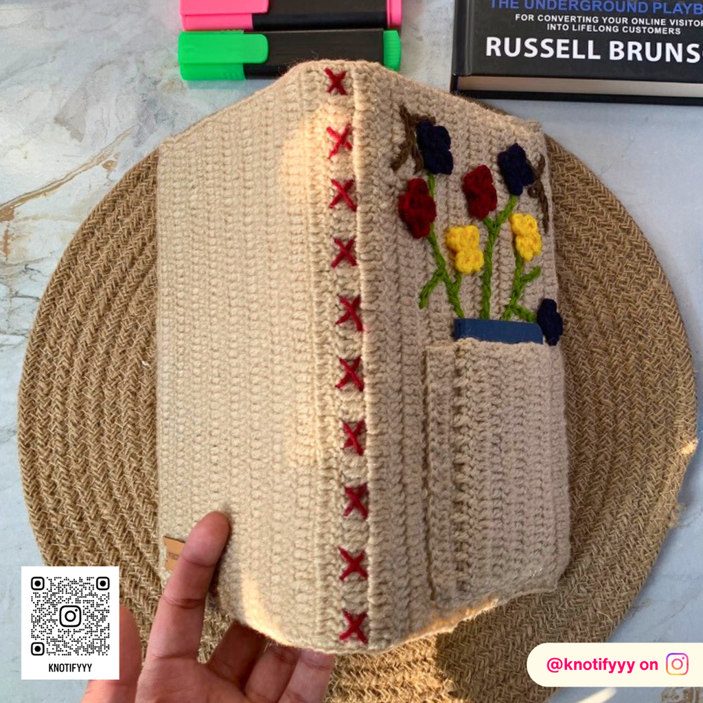 Crochet Book Cover with Flowers & Front Pocket