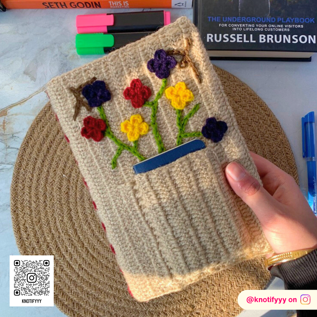 Crochet Book Cover with Flowers & Front Pocket